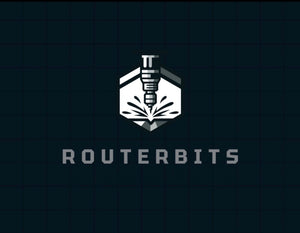 Logo of Routerbits with a drill bit and hexagonal design on a dark grid background
